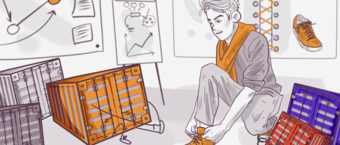 An illustration of a person sitting on the ground tying their shoe, with overturned shopping baskets nearby and business strategy charts in the background.