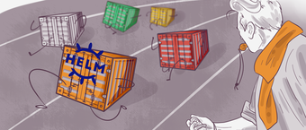Illustration of colorful shipping containers with the word "HELM" graffitied on one, viewed by a person in a white outfit with an orange scarf.