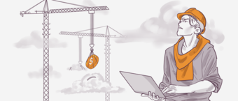 Illustration of a construction worker with a hard hat and orange scarf using a laptop, with cranes and a money bag in the background, symbolizing financial management in construction.