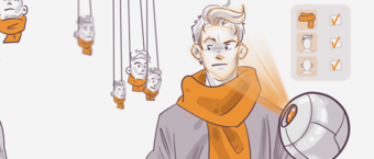 Illustration of a character design process with multiple facial expressions on marionette strings, character close-up, and icons indicating design options like hairstyle and accessories.