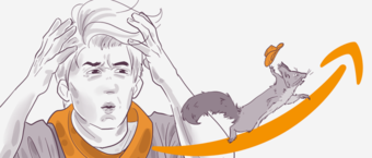Illustration of a startled young man looking up and a squirrel leaping with an acorn, both framed by a curved orange arrow.