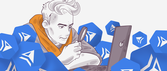 Illustration of a person with a magnifying glass examining a laptop surrounded by symbolic blue cubes with letter 'A' logos.