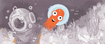 Illustration of a cute orange octopus interacting with an old-fashioned deep-sea diver's helmet underwater, surrounded by aquatic plants and bubbles.