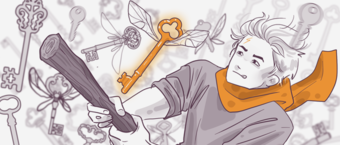Illustration of a person with a startled expression, dodging a variety of flying keys alongside a baseball bat, all in a stylized monochrome color scheme with orange accents.