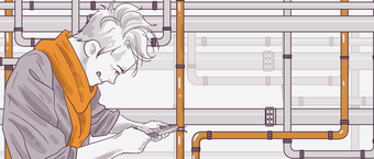 Illustration of a focused individual wearing a gray and orange outfit, examining a tablet, with stylized industrial pipes and conduits in the background.
