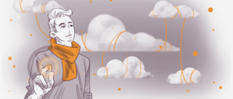 Illustration of a stylish person in a gray coat and orange scarf, looking to the side with whimsical clouds connected by lines in the background.