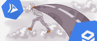 Illustration of a person walking on a curved road between two large icons, symbolizing a transition or connection between them, set against a cloudy backdrop.