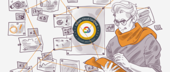 Illustration of a person studying with concentration, surrounded by various study notes and a Google Cloud Certified - Cloud Architect logo in the background.