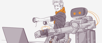 Illustration of a young person in a casual outfit and a bandana controlling a large robot that is working on a laptop, symbolizing human interaction with advanced technology.