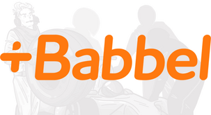 Orange "Babbel" logo superimposed over a faint background featuring illustrated figures that appear to be speaking or interacting.