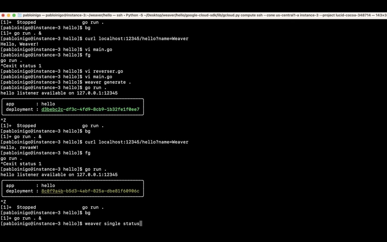 A screenshot of a computer terminal with text indicating command-line operations in Go programming language, output from a web server application, and use of curl to make HTTP requests.