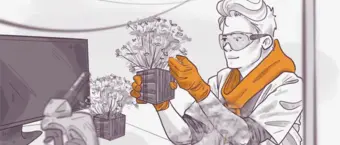 Illustration of a person in a lab coat and protective gloves handling a pot with flourishing plants, with a computer monitor and additional potted plants in the background.