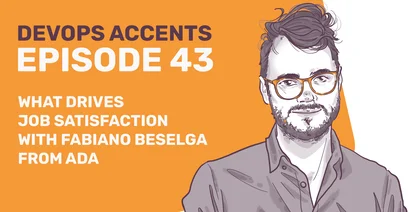 Promotional graphic for DevOps Accents Episode 43 featuring an illustrated portrait of a man with glasses next to text about job satisfaction with Fabiano Beselga from ADA.