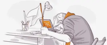 Illustration of a focused person at a desk working intently on a tablet with a stylus, with a cup of pens and a white flag nearby.