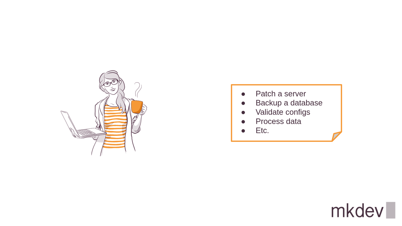 Illustration of a person holding a coffee mug and laptop with a to-do list containing tech tasks like patching a server, beside a logo for "mkdev."