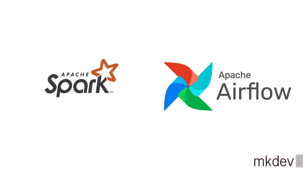 Logos of Apache Spark and Apache Airflow with respective stylized icons on left and text on right, against a white background with "mkdev" in the lower right corner.