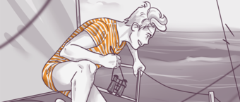 Illustration of a person with binoculars looking over the side of a boat, with waves in the background, in a greyscale color scheme.