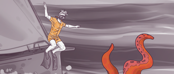 Illustration of a person in vintage swimwear and goggles diving from a ship with a large, fantastical orange sea creature in the water below.