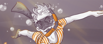 Illustration of a stylized character wearing goggles and a striped shirt with wings outstretched, seeming to fly or fall through an airy environment with light circles and a muted color palette.