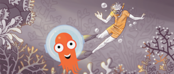 Illustration of a cartoon octopus in a diving helmet alongside a startled swimmer in a striped vintage bathing suit underwater, with stylized coral reef background.