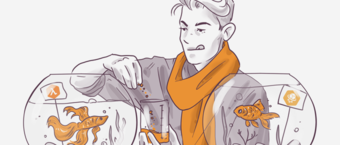 Illustration of a person with a scarf feeding fish in an aquarium, with a whimsical expression and fish food container in hand.