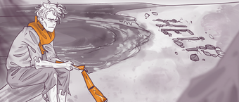 Illustration of a person sitting on a stone, looking thoughtful, with a rifle between their legs, observing footprints leading towards a spiraled pattern in snow.
