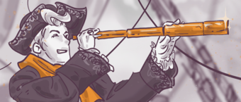 Illustration of a person in historical clothing looking through a telescope with excitement, set against a stylized background.