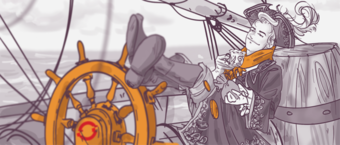Illustration of a relaxed pirate captain leaning on a ship's wheel with one foot raised, holding a map, with a parrot on his shoulder and cloudy skies in the background.