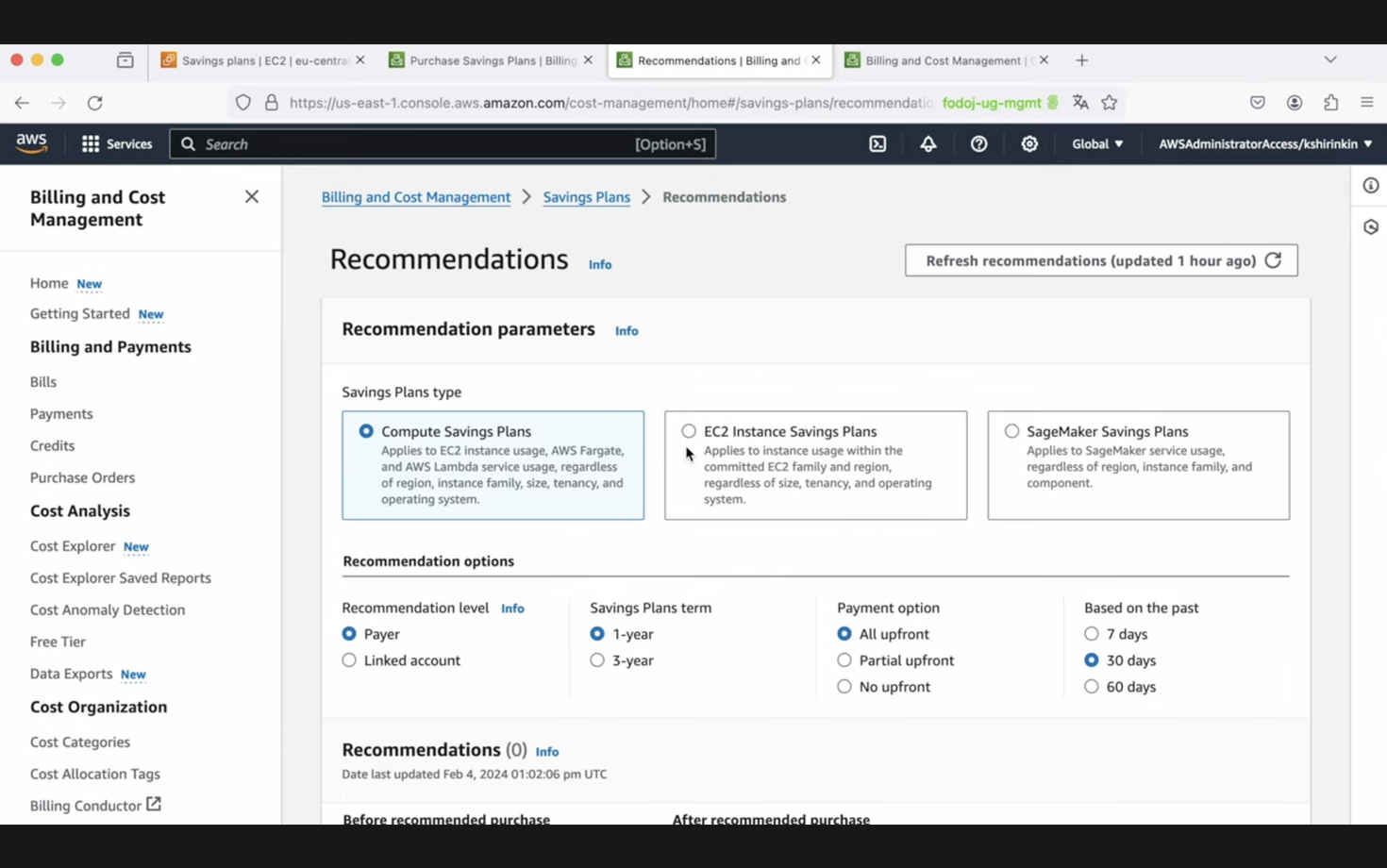 Screenshot of AWS Billing and Cost Management console showing the Savings Plans and Recommendations page with various parameters and options for cost savings.