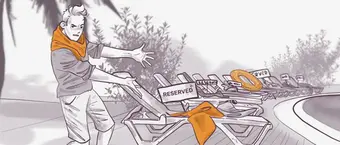 Illustration of a frustrated man reaching for a poolside lounge chair with towels marked "RESERVED," indicating all chairs are taken.