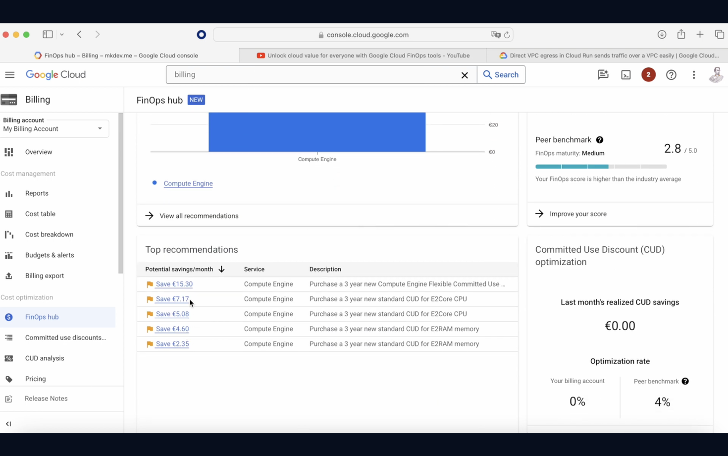 Screenshot of a Google Cloud Console billing page showing cost recommendations, bar graph of expenses, and FinOps tools including a peer benchmark score and committed use discount optimization.