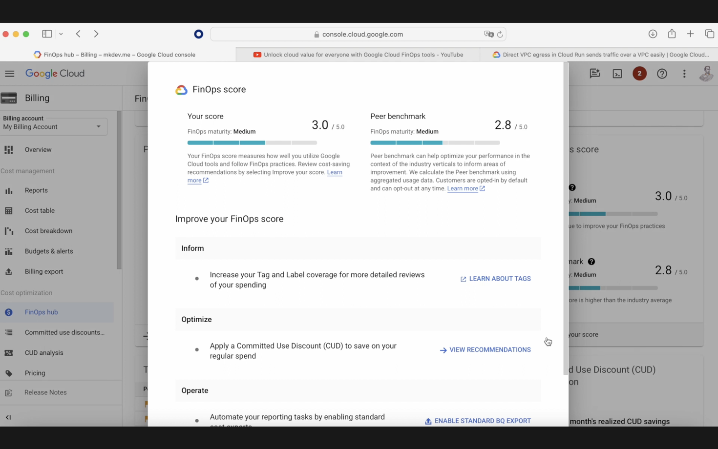 Screenshot of Google Cloud console showing the FinOps Hub with a FinOps score section including performance metrics and recommendations for cost optimization.