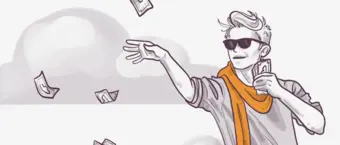 Illustration of a stylish person with sunglasses tossing money carelessly, implying a sense of wealth or disregard for money.