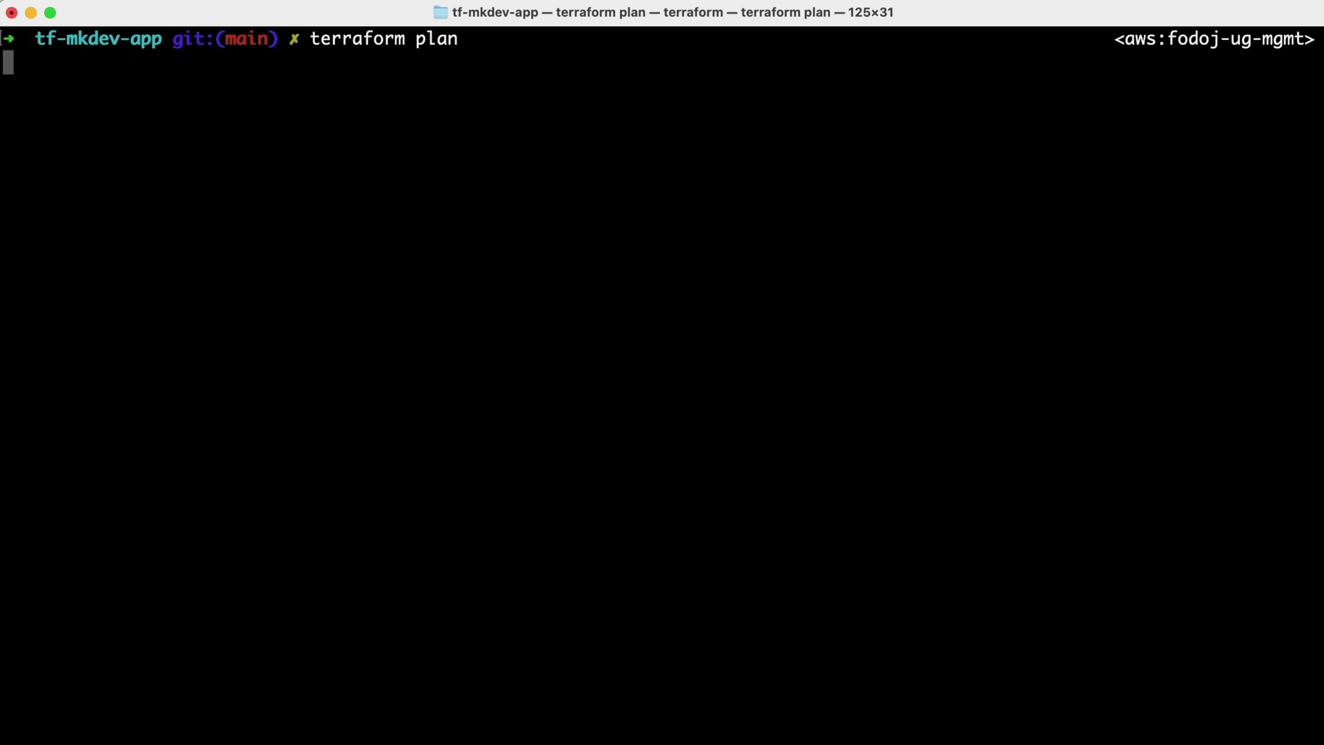 Command line interface showing a prompt with 'terraform plan' command typed, within a window named 'tf-mkdev-app' on a computer with multiple tabs open on the terminal application.