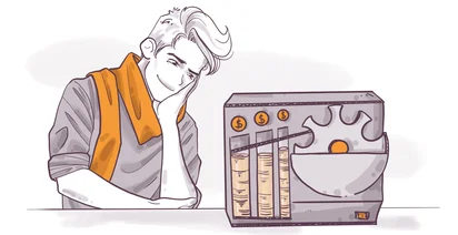 Illustration of a person with a smirk looking contemplatively at a coin-operated machine with coins and mechanism visible, expressing a metaphor for investment or financial contemplation.