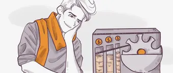 Illustration of a thoughtful person with hand on cheek looking at a machine with coin slots and gauges, possibly indicating financial considerations or savings.