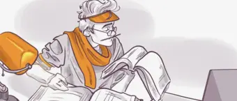 Illustration of a focused young person dressed in stylized ancient Roman attire, with a headband and toga, writing or drawing in a large book, with a laptop beside them.
