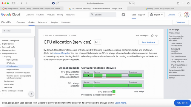 Screenshot of a Google Cloud documentation page about CPU allocation for services, displaying text, diagrams of container instance lifecycles, and a cookie consent banner.