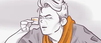 Illustration of a person squinting at a small ticket labeled 'BILL', appearing to be worried or surprised about the amount.