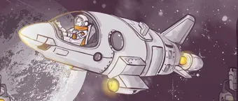 Illustration of an astronaut piloting a small, white spaceship with engines firing, amidst a starry space background with asteroids and a distant planet.