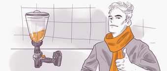 Illustration of a man with a skeptical expression looking at a large blender mounted on a pipe, giving a thumbs-up gesture.