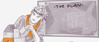 Illustration of a person with a satisfied expression building a model structure, with a chalkboard in the background labeled "THE PLAN" featuring architectural diagrams.