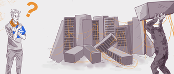 Illustration of a puzzled man with a question mark, holding a shield with a Bluetooth symbol, next to a bear attacking servers connected with wires.