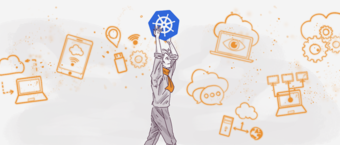 Illustration of a person holding up a symbol representing Kubernetes, surrounded by various technology and cloud computing icons like laptops, gears, and clouds.