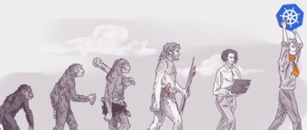 Illustration of the evolution of man from ape-like ancestors to modern human, with the last figure holding a laptop and a symbol of Kubernetes.