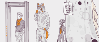 A stylized drawing featuring a person in three stages of a transformation from human to fox, with a metal detector and a whimsical sketch of a fox-faced cup.