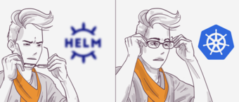 Split comic-style illustration of a person adjusting their glasses with a confused look, juxtaposed with logos that resemble helm wheels, one labeled "HELM" and the other a Kubernetes symbol.