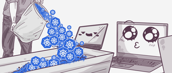 Illustration of a person pouring a bag of blue, symbol-shaped icons into an open laptop, with another laptop displaying a surprised face.