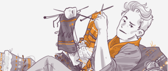 Illustration of a person sitting and knitting with two needles, holding up a piece of knitted clothing in progress, with a relaxed and content expression.