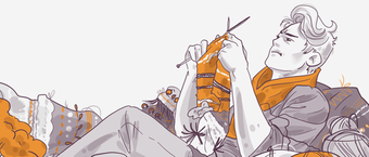Illustration of a person relaxing and knitting a scarf, with yarn and other knitting items around, depicted in a monochromatic color scheme with orange accents.